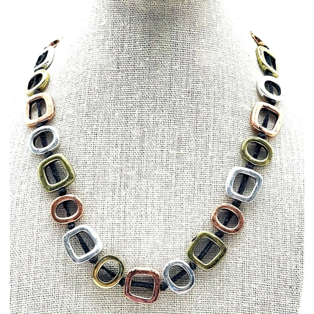 Square Link Necklace Black Suede Cord Mixed Metal Tones Modernist Classic Career